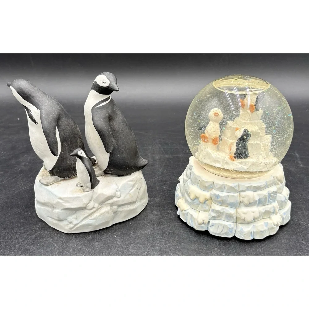 Vtg Penguin Snow Globe & A Ceramic Penguin Figurine Musicboxes